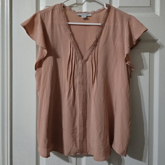 Favlux Blush Pink Flutter Sleeve Blouse, V-Neck, Crochet Trim, Pintuck Details. - Picture 1 of 12